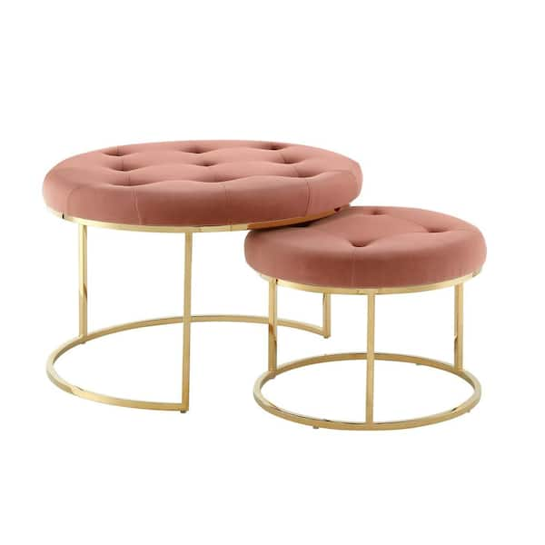 Nicole Miller Draven Nesting Ottoman Blush/Gold Velvet Button Tufted Metal Frame (Set of 2)