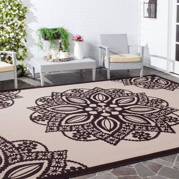 Courtyard Beige/Black 7 ft. x 7 ft. Square Border Indoor/Outdoor Patio  Area Rug