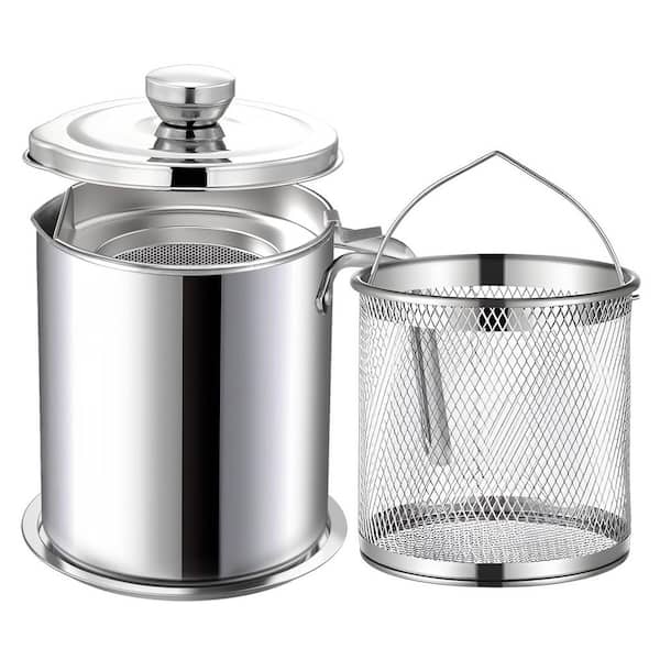 2L Stainless Steel Stock Pot in Silver with Fine Mesh Strainer, Fry Basket, Lid, Tray for Oil Storage 1 Piece