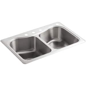 Staccato Drop-In Stainless Steel 33 in. 4-Hole Double Bowl Kitchen Sink with Hardwood Cutting Board