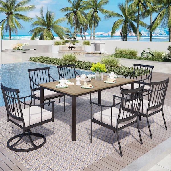PHI VILLA Black 7-Piece Metal Patio Outdoor Dining Set with Brown Rectangular Table-Top and Swivel Chairs with Beige Cushion