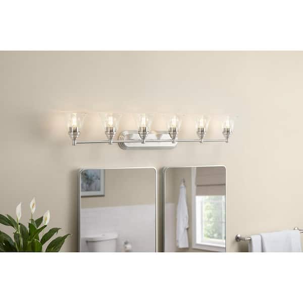 Hampton Bay Marsden 50.5 in. 6-Light Brushed Nickel Modern Vanity Light with Clear Glass Shades
