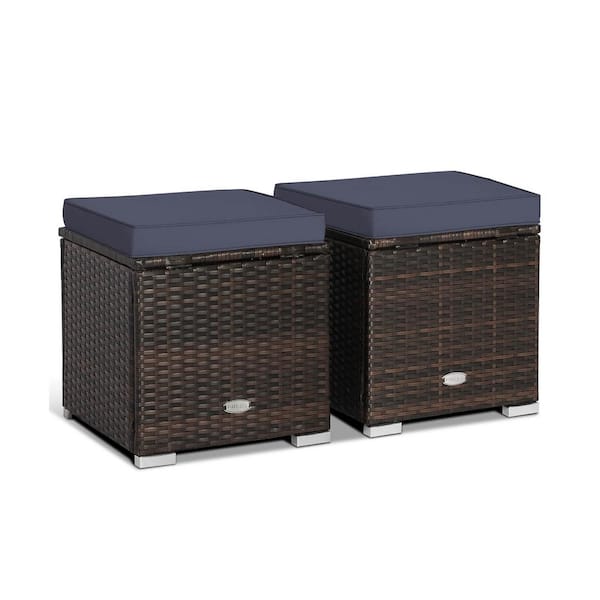 ANGELES HOME Mix Brown Wicker Outdoor Ottoman with Hidden Storage Space with Navy Cushion 2-Pack