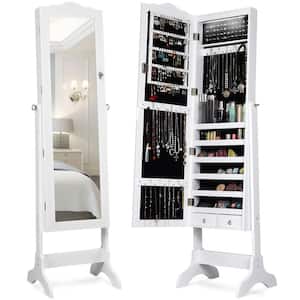 White Mirrored Freestanding Jewelry Armoire Organizer Cabinet with Drawer and Led Lights