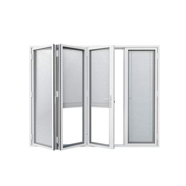 120 in. 80 in. Center Opening/Outswing Double Tempered Glass White Louver Aluminum Folding Patio Door