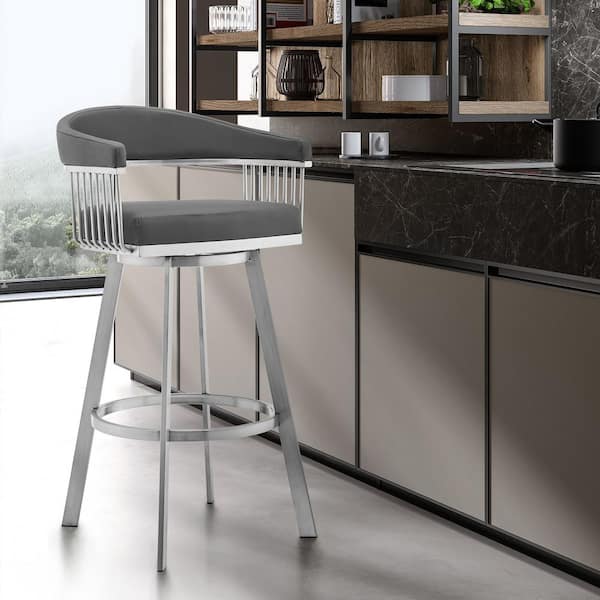 Armen Living Bronson 30 in. Low Back Gray Faux Leather and Brushed Stainless Steel Swivel Bar Stool