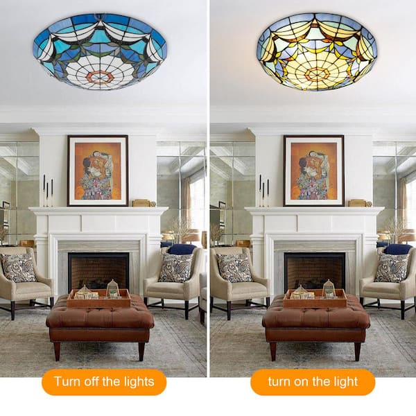 OUKANING 15.74 in. 3-Light Blue Retro Flush Mount Ceiling