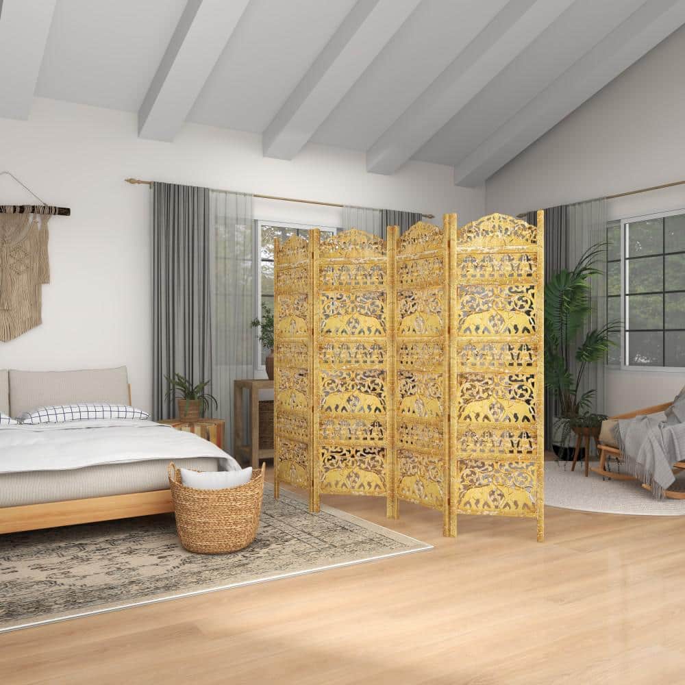 Gold Wooden Carved Elephant 4-Panel Folding Privacy Screen