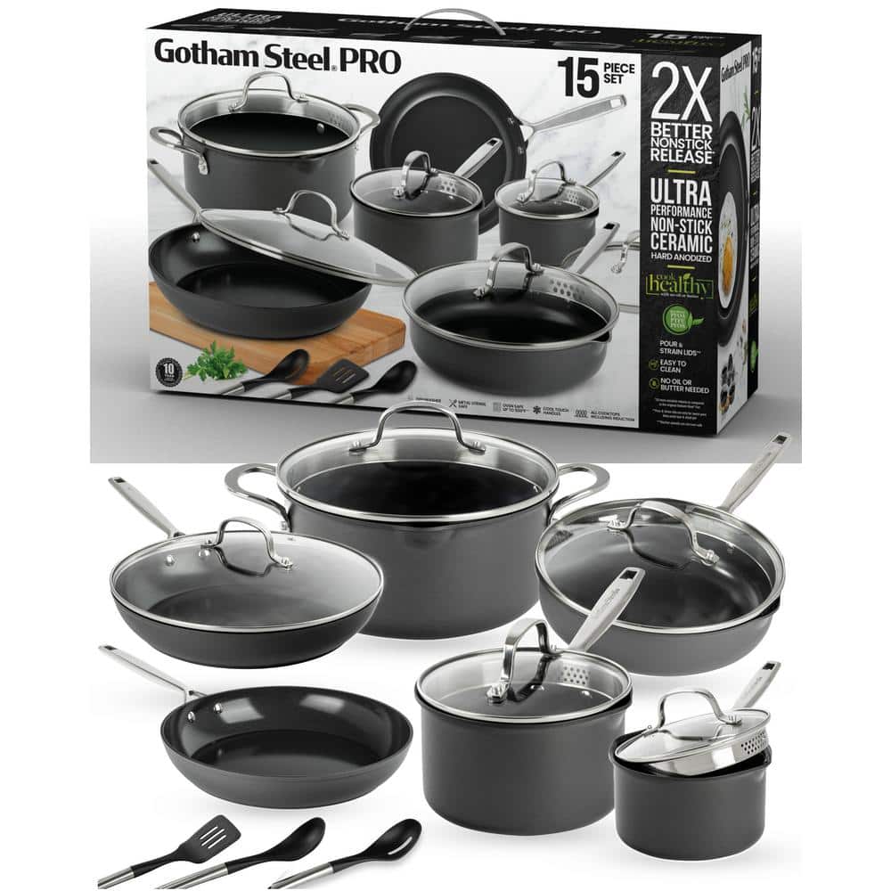 Gotham Steel Natural Collection 15-Piece Aluminum Ultra Performance Ceramic Nonstick Cookware Set in Black with Gold Handles