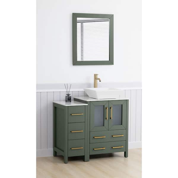 36 in. W Single Basin Vintage Green Bath Vanity with White Engineered Marble Top and Mirror