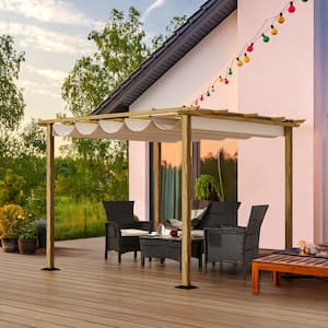 10 ft. x 10 ft. Wood Grain Aluminum Outdoor Pergola with Beige Retractable Shade Canopy