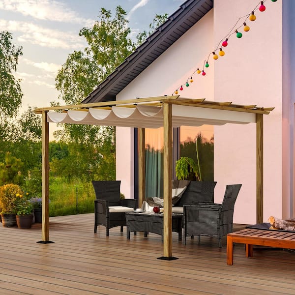 EGEIROSLIFE 10 ft. x 10 ft. Wood Grain Aluminum Outdoor Pergola with Beige Retractable Shade Canopy
