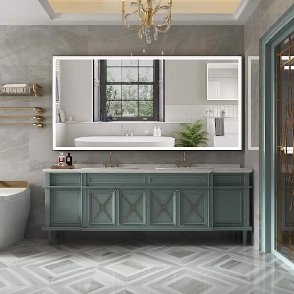 RECA 84 in W x 42 in. H Rectangular Single Aluminum Framed Anti-Fog LED Light Wall Bathroom Vanity Mirror in Matte Black