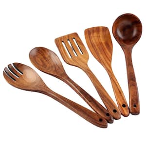 5-Piece Large Teak Wooden Utensils Set for Cooking