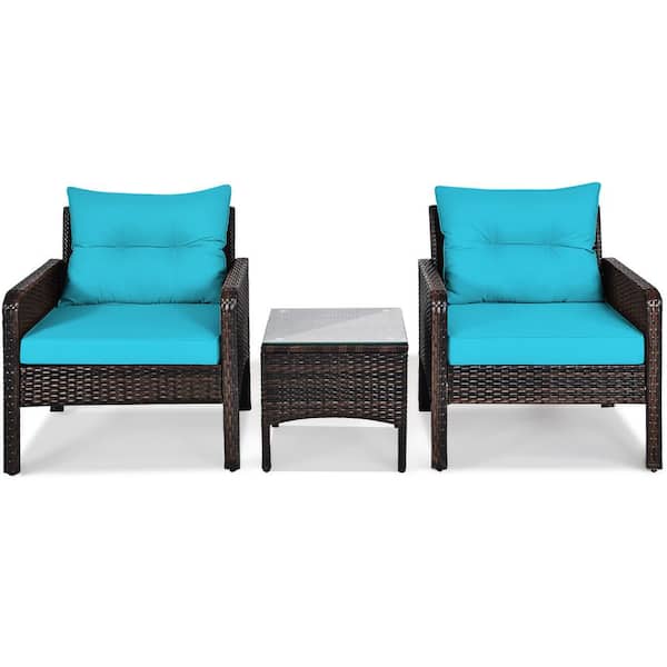 Costway Brown 3-Piece Wicker Patio Conversation Seating Set with Turquoise Cushions
