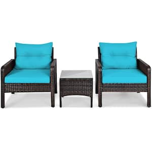 Brown 3-Piece Wicker Patio Conversation Seating Set with Turquoise Cushions