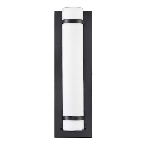 20 in. Tall 1-Light Powder Coated Black Integrated LED Outdoor Cylinder Wall Sconce with White Glass