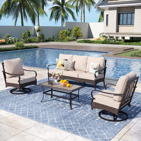 Brown Rattan 4-Piece 5 Seat Steel Outdoor Patio Conversation Set with Beige Cushions, Swivel Sofas and Wood-Grain Table