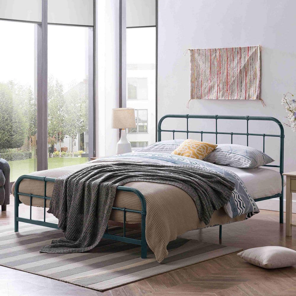 crown bed datype 青 Polibi Blue Metal Frame Queen Platform Bed with Rounded Corner