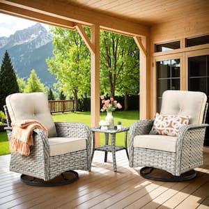 Charlotte 3-Piece Wicker Outdoor Rocking Chair with Beige Cushions