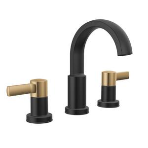 Albion 8 in. Widespread Double Handle Bathroom Faucet with Drain Kit Included in Matte Black/Champagne Bronze