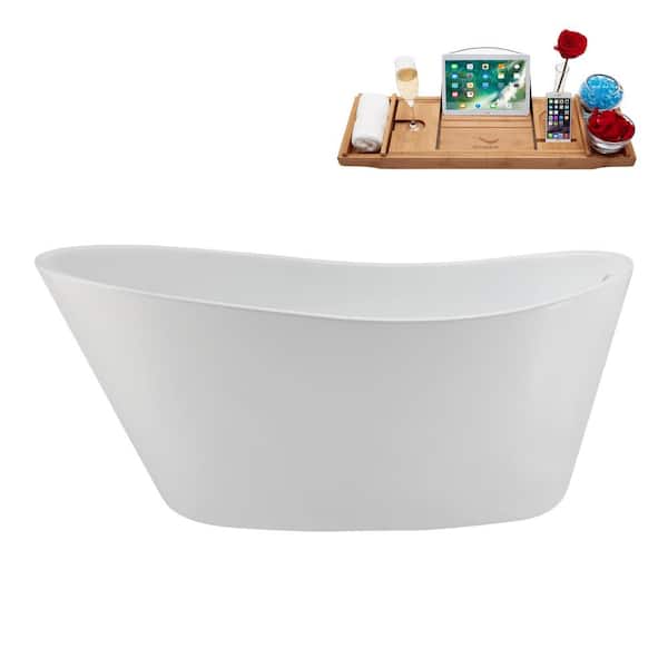 59 in. x 28 in. Acrylic Freestanding Soaking Bathtub in Glossy White with Glossy White Drain, Bamboo Tray