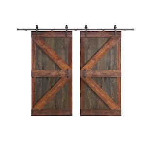 K Series 84 in. x 84 in. Aged Barrel/Dark Walnut Knotty Pine Wood Double Sliding Barn Door with Hardware Kit