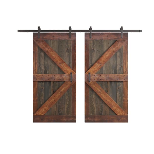 COAST SEQUOIA INC K Series 84 in. x 84 in. Aged Barrel/Dark Walnut Knotty Pine Wood Double Sliding Barn Door with Hardware Kit