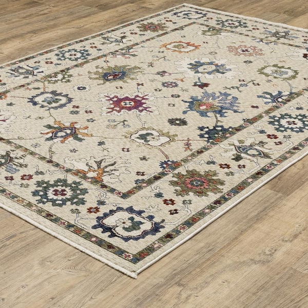 Hunter Ivory/Multi-Colored 2 ft. x 8 ft. Persian Floral Polyester Fringe-Edge Indoor Runner Area Rug