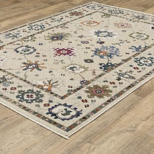 Hunter Ivory/Multi-Colored 4 ft. x 6 ft. Persian Floral Polyester Fringe-Edge Indoor Area Rug
