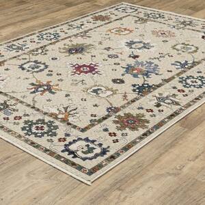 Hunter Ivory/Multi-Colored 6 ft. x 9 ft. Persian Floral Polyester Fringe-Edge Indoor Area Rug