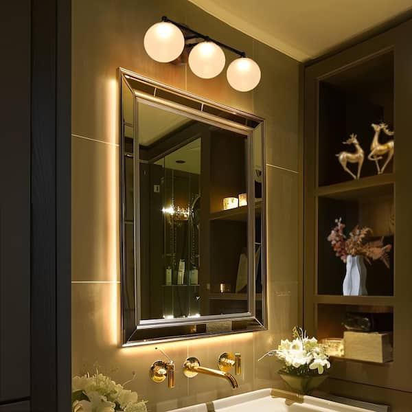 Fullur 22 in. 3-Light Matte Black Vanity Light for Bathroom, Brass Plated Integrated LED Bath Light with Frosted Glass