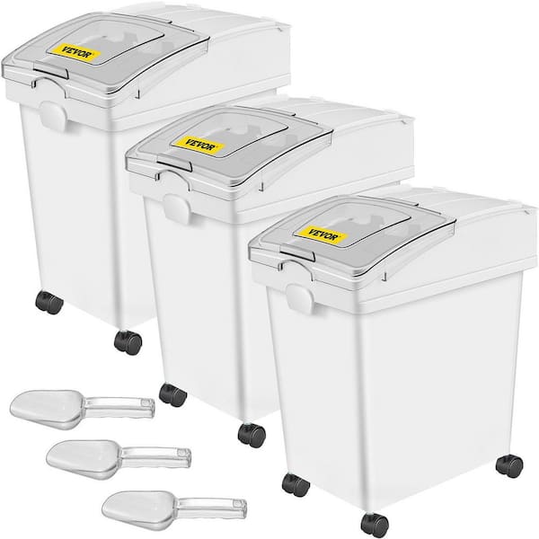 3-Piece 5.2 Gallons Ingredient Storage Bins-PP Flour Bins with Wheels, Scoop & Sliding Lid (White)