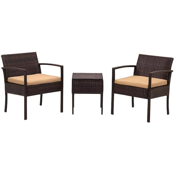 Unbranded Brown 3-Piece Wicker Patio Conversation Set, Outdoor Rattan Chairs and Table Set with Yellow Cushions For Balcony,Garden