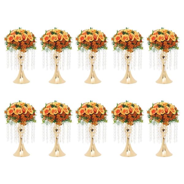 10-Piece 10 in. Tall Round Wedding Centerpieces Flower Vases Gold Metal Acrylic Flower Stand