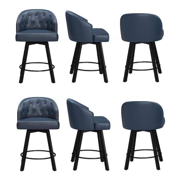 LUE BONA 26in. Navy Faux Leather Upholstered Metal Frame Counter Height Swivel Bar Stools With Bright Silver Rivets (Set of 6)