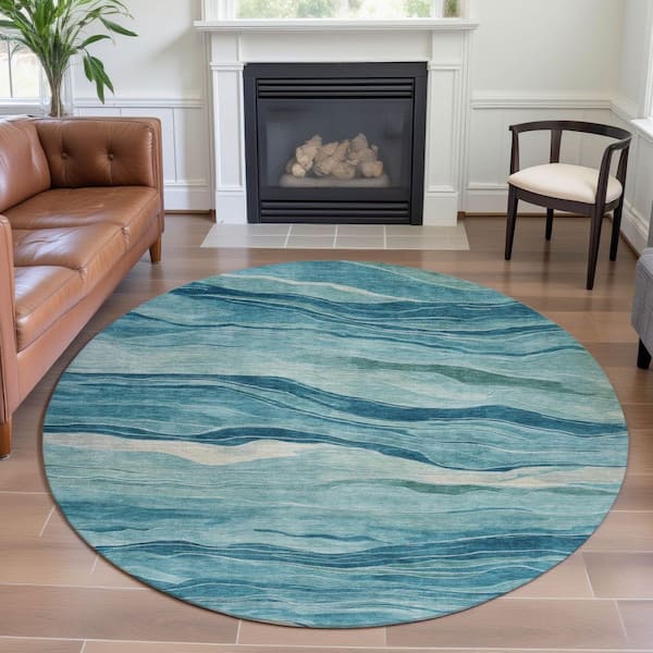 Mayfield Premium Machine Washable Abstract AMF1246 Turquoise 8 ft. x 8 ft. Round Rug
