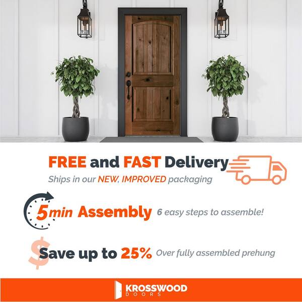 DIY 36 in. x 80 in. Knotty Alder 2Panel Right-Hand Arch Top VG Clear Stain Wood Front Door Kit w/ Quick Assemble Jamb