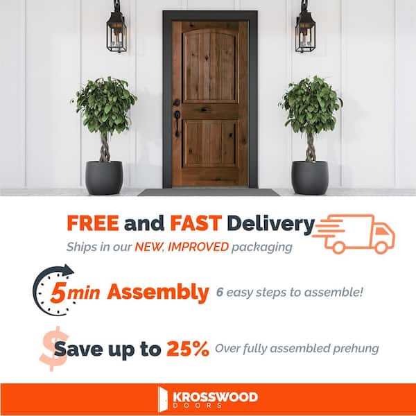 DIY 36 in. x 80 in. Alder 2Panel Right-Hand Arch Top VG Red Mahogany Stain Wood Front Door Kit w/ Quick Assemble Jamb