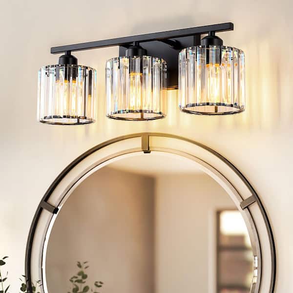 Crystria 19.29 in. 3-Light Black Bathroom Vanity Light with Crystal Shades, Modern Crystal Wall Sconce Over Mirror