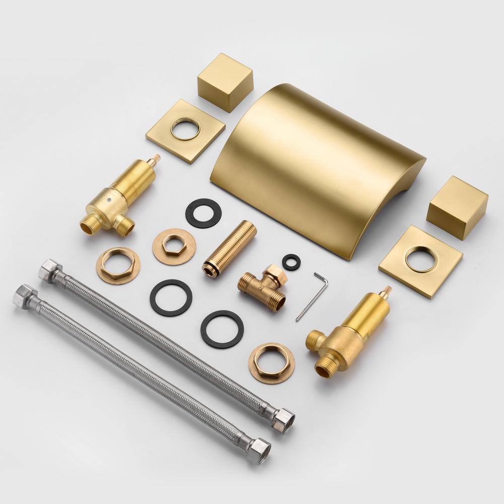 Brushed Gold Waterfall Spout Double Handle Roman Tub Faucet