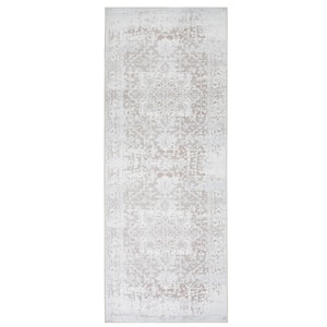 Himalayas Beige Creme 2 ft. 2 in. x 6 ft. Machine Washable Modern Floral Abstract Polyester Non-Slip Backing Area Rug