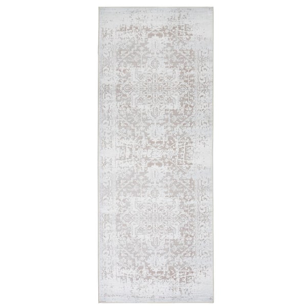 Himalayas Beige Creme 2 ft. 2 in. x 6 ft. Machine Washable Modern Floral Abstract Polyester Non-Slip Backing Area Rug