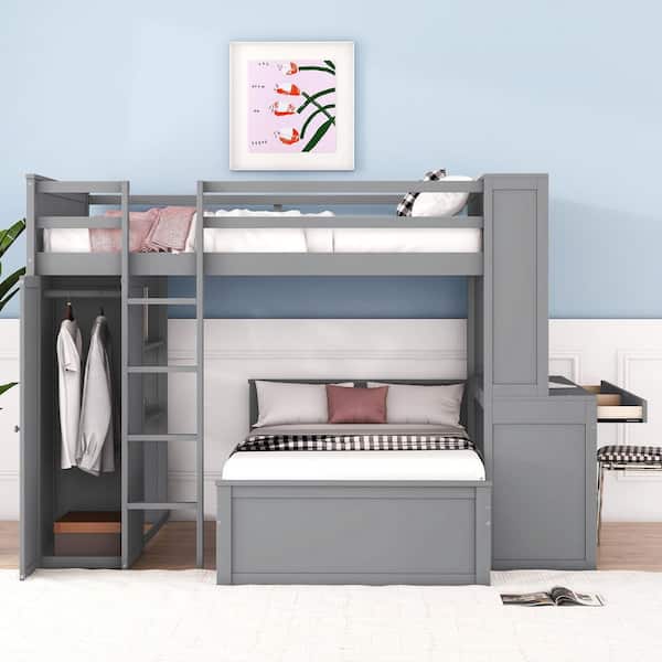 Gray Full Size Loft Bed with a Twin Size Stand-Alone Bed, Shelves, Desk and Wardrobe