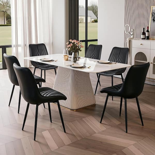 Dining Chairs Set of 6, Black Modern Faux Leather Kitchen Chairs with Wave Quilted Seat and Metal Legs, Easy Clean