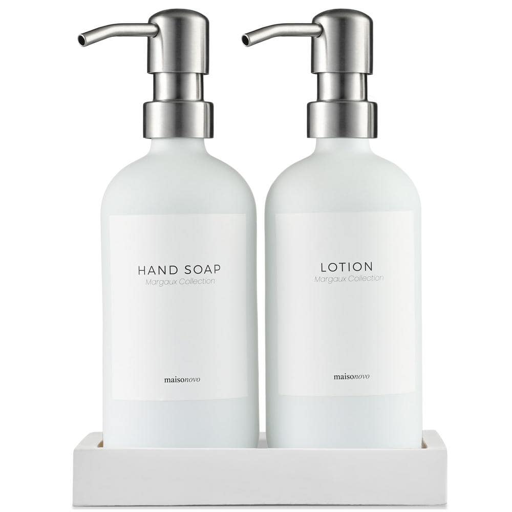 2-Pieces, Glass Hand Soap and Lotion Dispenser with Hand Made Concrete Tray