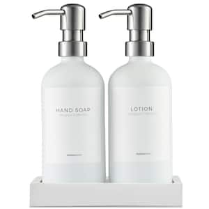 2 Pcs, Glass Hand Soap and Lotion Dispenser with Hand Made Concrete Tray in White Bottles and Silver Pumps