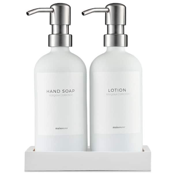 Adrinfly 2-Pieces, Glass Hand Soap and Lotion Dispenser with Hand Made Concrete Tray in White Bottles and Silver Pumps