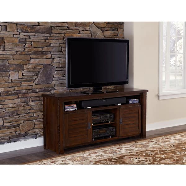 Progressive Furniture Trestlewood 64 in. Mesquite Pine Wood TV Stand Fits TVs Up to 55 in. with Storage Doors