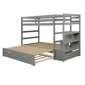 Gray Twin Over Twin/ King Bunk Bed with Trundle and Stairs,Extendable Wooden Bunk Beds with Drawer for Kids Teens Adults